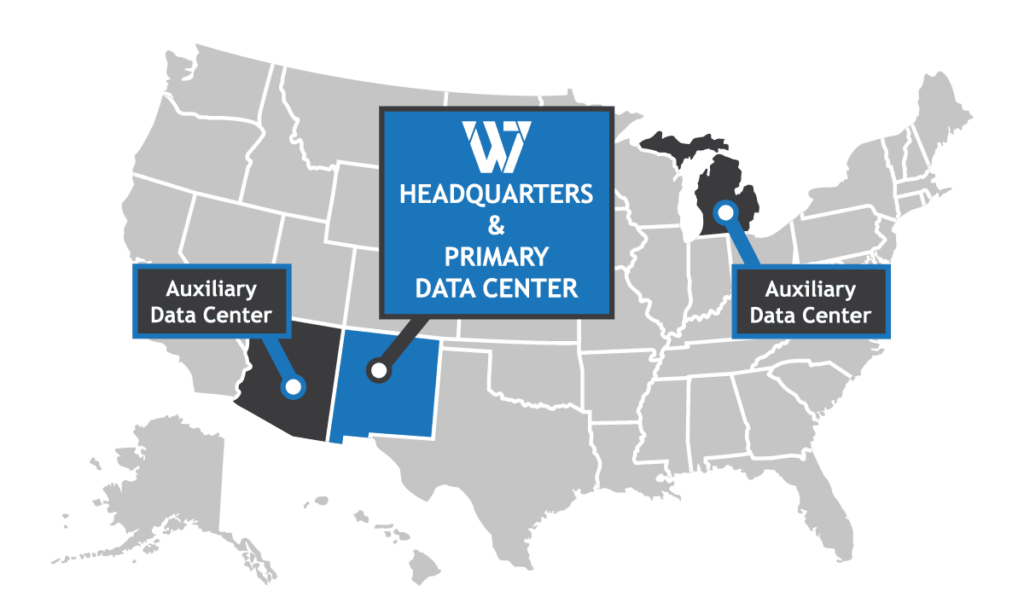 Map showing that Web7 Technologies is headquartered in New Mexico. Map also shows that Web7 has it's primary data center located in New Mexico with auxiliary data centers in Arizona and Michigan.